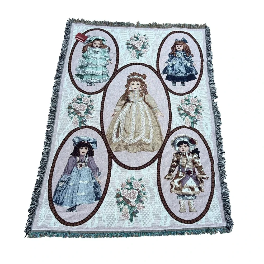 Chatham Royal Tapestry Woven Throw Blanket Pink Victorian Porcelain Doll VTG NOS